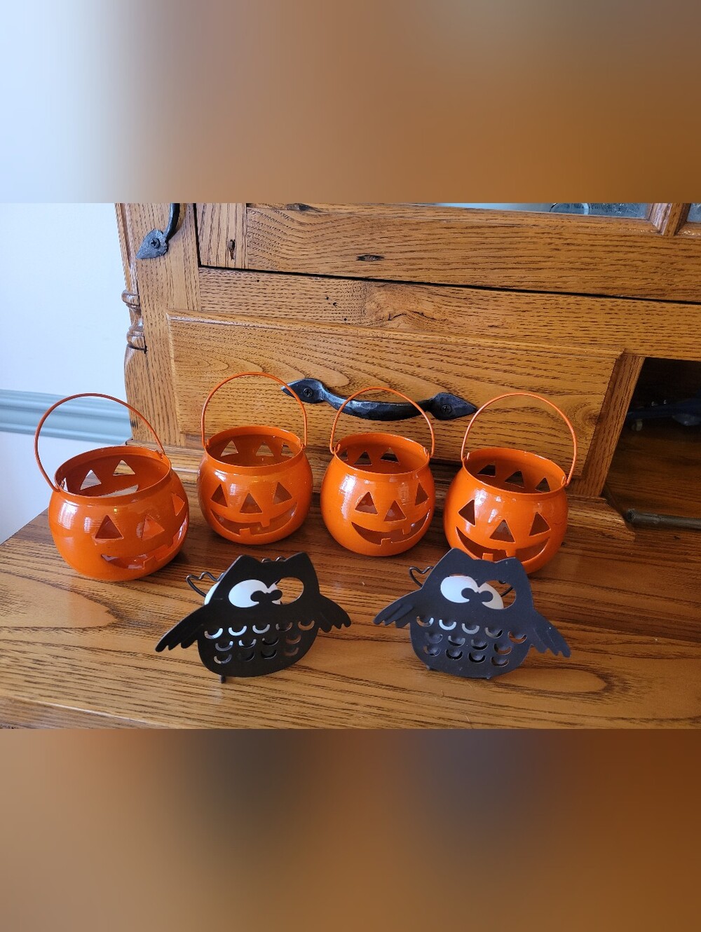 Orange Metal Jack-O'-Lantern Candle Holders with Bronze Owl Tea Light Holders